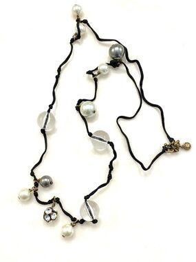J. Crew Black Cord Necklace with Pearls, Gray Beads and Clear Accents